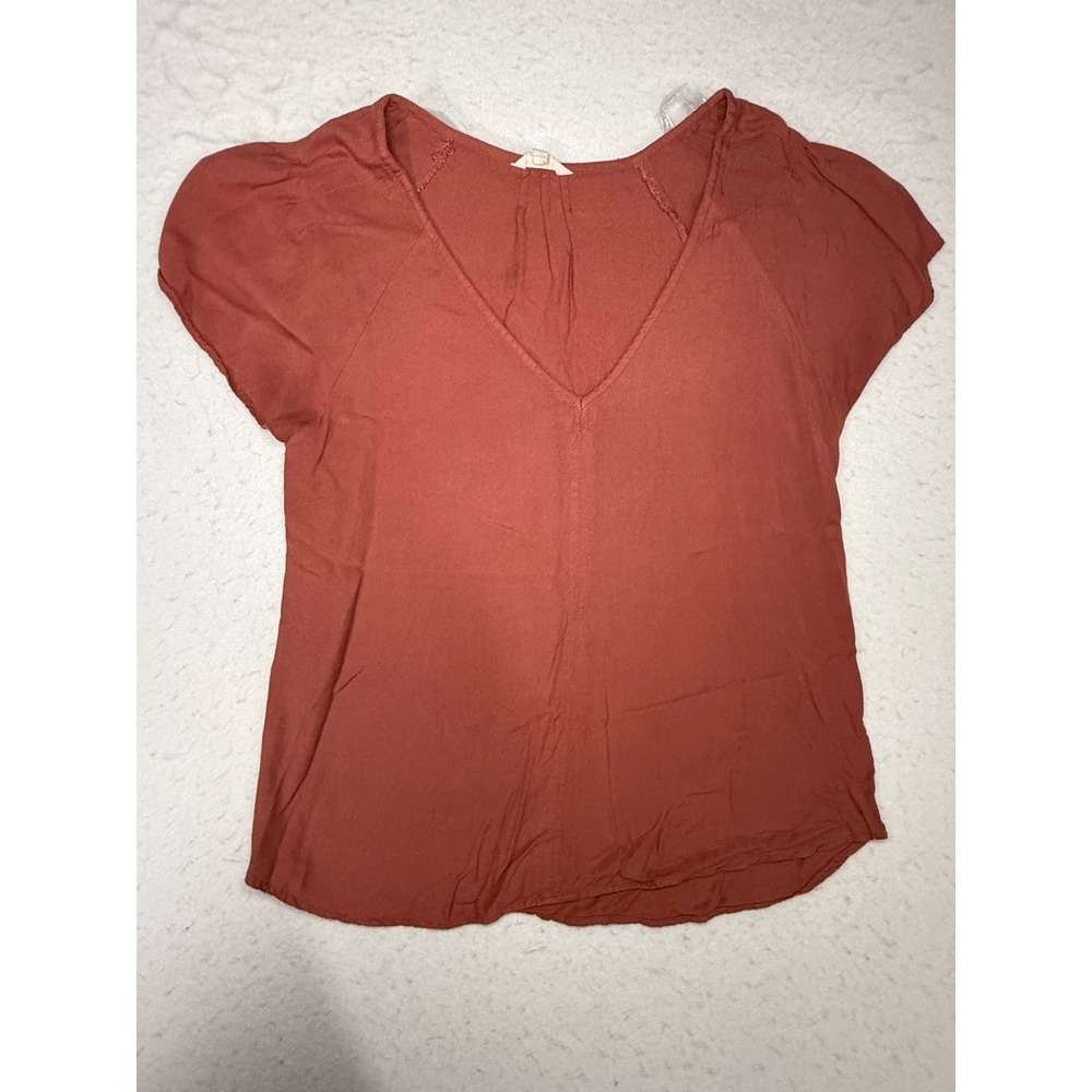 Sim & Sam Women Terracotta Rust V-Neck Flutter Short Sleeve Rayon Blouse Size M